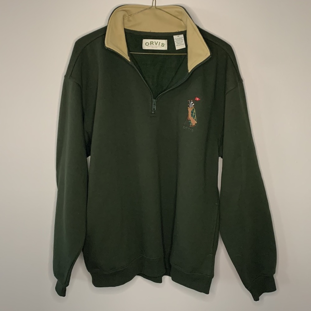 Orvis dark green and tan golf 3/4 zip fleece